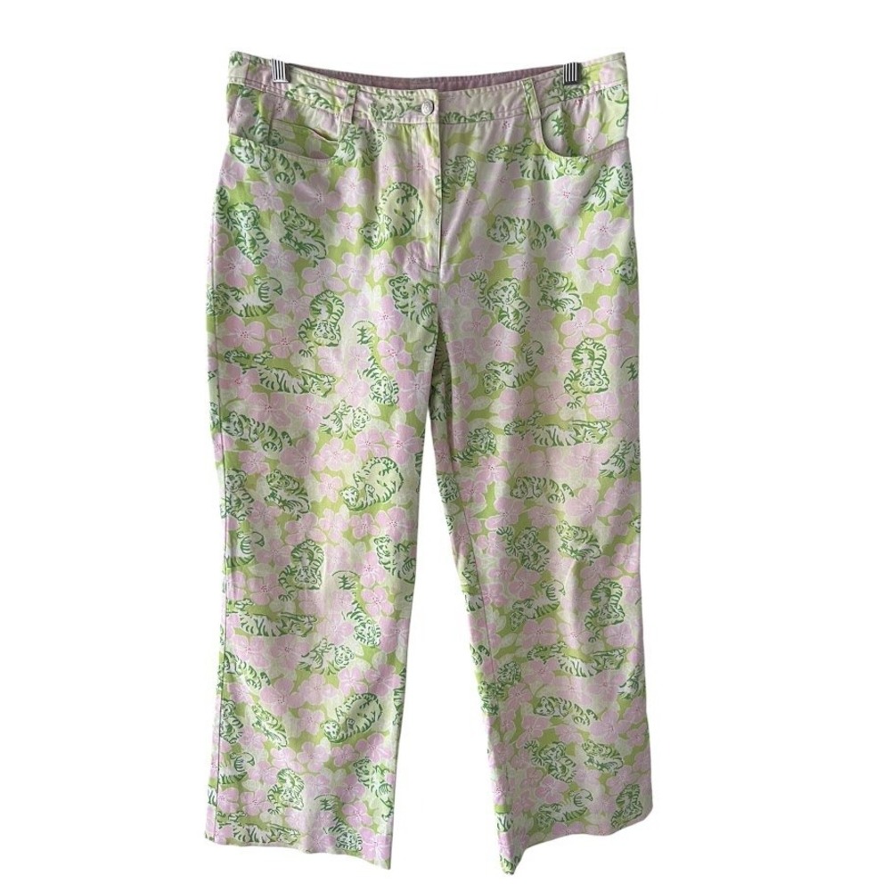 Vintage Lilly Pulitzer Jungle Road Tiger Floral Pants Pink Green Size 10